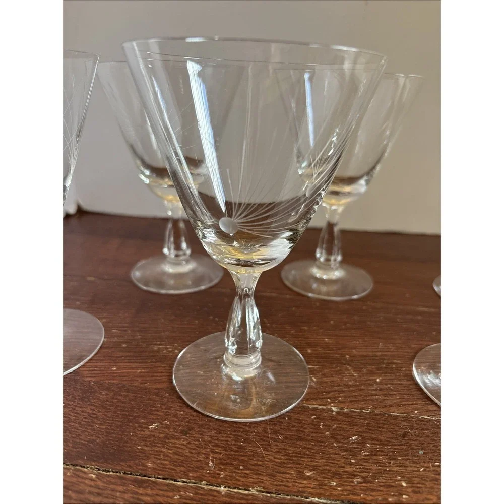 MCM Fostoria Glass Crystal Pine 10 oz Tall Water‎ Wine Goblet Glasses Set Of 6
